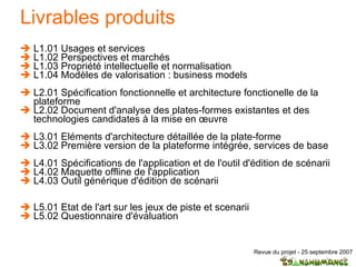 Livrables produits L1.01 Usages et services L1.02 Perspectives et marchés L1.03 Propriété intellectuelle et normalisation L1.04 Modèles de valorisation : business models L2.01 Spécification fonctionnelle et architecture fonctionelle de la plateforme L2.02 Document d'analyse des plates-formes existantes et des technologies candidates à la mise en œuvre L3.01 Eléments d'architecture détaillée de la plate-forme L3.02 Première version de la plateforme intégrée, services de base L4.01 Spécifications de l'application et de l'outil d'édition de scénarii L4.02 Maquette offline de l'application L4.03 Outil générique d'édition de scénarii L5.01 Etat de l'art sur les jeux de piste et scenarii L5.02 Questionnaire d'évaluation 