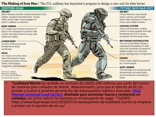• “Lockheed Martin ha recibido un contrato de USD$1,100 millones por parte del Centro
de sistemas para soldados de Natick , Massachusetts, para que el ejército de EE.UU.
pruebe y evalué la próxima generación del exoesqueleto robótico avanzado HULC
(Human Universal Load Carrier), diseñado para aumentar fuerza y resistencia en
soldados, así como reducir las lesiones en el transporte de carga. “ FUENTE:
https://www.fayerwayer.com/2010/07/el-exoesqueleto-de-lockheed-martin-se-empieza-
a-probar-en-el-ejercito-de-ee-uu/
 