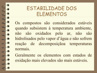 ESTABILIDADE DOS
ELEMENTOS
Os compostos são considerados estáveis
quando subsistem à temperatura ambiente,
não são oxidados pelo ar, não são
hidrolisados pelo vapor d’água e não sofrem
reação de decomposiçãoa temperaturas
normais.
Geralmente os elementos com estados de
oxidação mais elevados são mais estáveis.
 