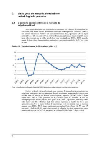 2
2. Visão geral do mercado de trabalho e
metodologia da pesquisa
2.1 O contexto socioeconômico e o mercado de
trabalho no Brasil
A economia brasileira tem enfrentado recentemente um contexto de desaceleração.
De acordo com dados oficiais do Instituto Brasileiro de Geografia e Estatística (IBGE),
nos últimos três anos o PIB teve um crescimento tímido de 2,7 por cento (2011), 1 por
cento (2012) e 2,5 por cento (2013), com tendência de queda ainda maior em 2014. Essas
taxas são menores que a média geral observada na década de 2000 a 2010, quando,
apesar de duas crises financeiras internacionais, o crescimento médio foi de 3,7 por cento
ao ano.
Gráfico 2.1 Variação trimestral do PIB brasileiro, 2008 a 2013
Fonte: Instituto Brasileiro de Geografia e Estatística (IBGE). Variação percentual em relação ao mesmo período do ano anterior.
Embora o Brasil esteja enfrentando esse contexto de desaceleração econômica, os
principais indicadores socioeconômicos do país continuam apresentando avanços nos
últimos anos. O número de pessoas desempregadas, segundo a PNAD, caiu 19,8 por
cento entre 2009 e 2013, passando de 8,4 milhões para 6,7 milhões. A taxa de
desemprego, neste mesmo período, teve queda de 8,3 para 7,1 por cento, embora já tenha
sido menor em 2011 (Gráfico 2.2). Em termos regionais, a região Sul foi a que
apresentou em 2013 o menor índice de desemprego (4,0 por cento), mas as maiores
quedas, entre 2009 e 2013, foram registradas nas regiões Centro-Oeste (de 7,7 para 5,7
por cento) e Sudeste (de 8,8 para 6,6 por cento). Já a Região Nordeste apresentou a maior
taxa de desemprego em 2013 (8 por cento), seguida da Região Norte (7,3 por cento).
-4
-2
0
2
4
6
8
10
%
 