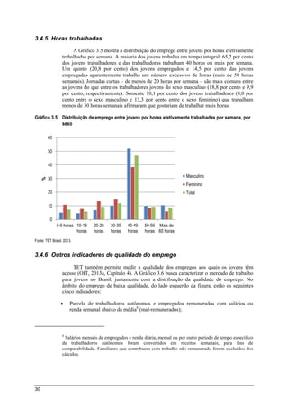 30
3.4.5 Horas trabalhadas
A Gráfico 3.5 mostra a distribuição do emprego entre jovens por horas efetivamente
trabalhadas por semana. A maioria dos jovens trabalha em tempo integral: 65,2 por cento
dos jovens trabalhadores e das trabalhadoras trabalham 40 horas ou mais por semana.
Um quinto (20,8 por cento) dos jovens empregados e 14,5 por cento das jovens
empregadas aparentemente trabalha um número excessivo de horas (mais de 50 horas
semanais). Jornadas curtas – de menos de 20 horas por semana – são mais comuns entre
as jovens do que entre os trabalhadores jovens do sexo masculino (18,8 por cento e 9,9
por cento, respectivamente). Somente 10,1 por cento dos jovens trabalhadores (8,0 por
cento entre o sexo masculino e 13,3 por cento entre o sexo feminino) que trabalham
menos de 30 horas semanais afirmaram que gostariam de trabalhar mais horas.
Gráfico 3.5 Distribuição de emprego entre jovens por horas efetivamente trabalhadas por semana, por
sexo
Fonte: TET Brasil, 2013.
3.4.6 Outros indicadores de qualidade do emprego
TET também permite medir a qualidade dos empregos aos quais os jovens têm
acesso (OIT, 2013a, Capítulo 4). A Gráfico 3.6 busca caracterizar o mercado de trabalho
para jovens no Brasil, juntamente com a distribuição da qualidade do emprego. No
âmbito do emprego de baixa qualidade, do lado esquerdo da figura, estão os seguintes
cinco indicadores:
• Parcela de trabalhadores autônomos e empregados remunerados com salários ou
renda semanal abaixo da média8
(mal-remunerados);
8
Salários mensais de empregados e renda diária, mensal ou por outro período de tempo específico
de trabalhadores autônomos foram convertidos em receitas semanais, para fins de
comparabilidade. Familiares que contribuem com trabalho não-remunerado foram excluídos dos
cálculos.
0
10
20
30
40
50
60
0-9 horas 10-19
horas
20-29
horas
30-39
horas
40-49
horas
50-59
horas
Mais de
60 horas
%
Masculino
Feminino
Total
 