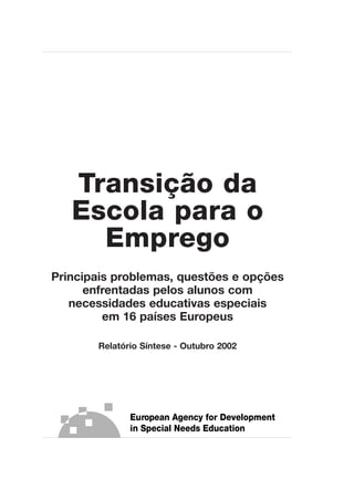 Transição da
Escola para o
Emprego
Principais problemas, questões e opções
enfrentadas pelos alunos com
necessidades educativas especiais
em 16 países Europeus
Relatório Síntese - Outubro 2002
 