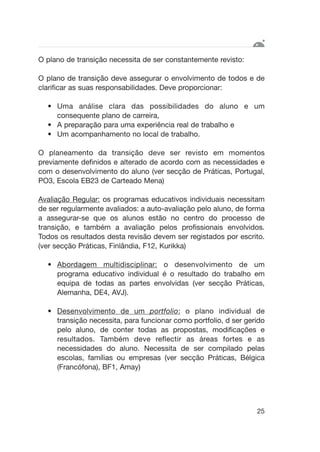 O plano de transição necessita de ser constantemente revisto:
O plano de transição deve assegurar o envolvimento de todos e de
clarificar as suas responsabilidades. Deve proporcionar:
• Uma análise clara das possibilidades do aluno e um
consequente plano de carreira,
• A preparação para uma experiência real de trabalho e
• Um acompanhamento no local de trabalho.
O planeamento da transição deve ser revisto em momentos
previamente definidos e alterado de acordo com as necessidades e
com o desenvolvimento do aluno (ver secção de Práticas, Portugal,
PO3, Escola EB23 de Carteado Mena)
Avaliação Regular: os programas educativos individuais necessitam
de ser regularmente avaliados: a auto-avaliação pelo aluno, de forma
a assegurar-se que os alunos estão no centro do processo de
transição, e também a avaliação pelos profissionais envolvidos.
Todos os resultados desta revisão devem ser registados por escrito.
(ver secção Práticas, Finlândia, F12, Kurikka)
• Abordagem multidisciplinar: o desenvolvimento de um
programa educativo individual é o resultado do trabalho em
equipa de todas as partes envolvidas (ver secção Práticas,
Alemanha, DE4, AVJ).
• Desenvolvimento de um portfolio: o plano individual de
transição necessita, para funcionar como portfolio, d ser gerido
pelo aluno, de conter todas as propostas, modificações e
resultados. Também deve reflectir as áreas fortes e as
necessidades do aluno. Necessita de ser compilado pelas
escolas, famílias ou empresas (ver secção Práticas, Bélgica
(Francófona), BF1, Amay)
25
 