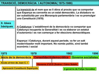 TRANSICIÓ, DEMOCRÀCIA I AUTONOMIA( 1975-1986)

               La transició és el nom que se li dóna al procés que va comportar
               que Espanya es convertís es un estat democràtic. La dictadura va
               ser substituïda per una Monarquia parlamentària i es va promulgar
               una Constitució (1978)
0. Idees
bàsiques       A Catalunya: L’establiment de la democràcia va comportar que
               Catalunya recuperés la Generalitat i es va elaborar un estatut
               d’autonomia i es van començar a fer eleccions democràtiques


               Espanya i Catalunya, durant aquest període, va fer un salt
               modernitzador molt important. No només polític, sinó també
               econòmic i social

1975                   1978                    1982             1996
Inicis de la democràcia Consolidació democràtica Governs socialistes
Accés al tron de Joan C. I
                               Governs d’UCD (Suárez i Calvo Sotelo
 Aprovació Constitució Espanyola                       4 governs de Felipe González
 