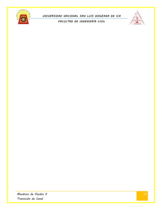 UNIVERSIDAD NACIONAL SAN LUIS GONZAGA DE ICA
FACULTAD DE INGENIERÍA CIVIL
Mecánica de Fluidos II
Transición de Canal
10
 