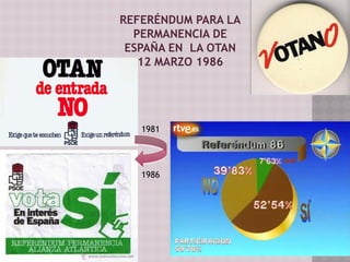 REFERÉNDUM PARA LA
PERMANENCIA DE
ESPAÑA EN LA OTAN
12 MARZO 1986
1981
1986
 