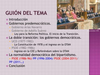  Introducción
 Gobiernos predemocráticos.
 Gobierno Arias Navarro
 Gobierno de Adolfo Suárez
 Ley para la Reforma Pol...