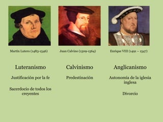 Martín Lutero (1483-1546)

Juan Calvino (1509-1564)

Enrique VIII (1491 – 1547)

Luteranismo

Calvinismo

Anglicanismo

Justificación por la fe

Predestinación

Autonomía de la iglesia
inglesa

Sacerdocio de todos los
creyentes

Divorcio

 