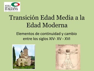 Transición Edad Media a la
Edad Moderna
Elementos de continuidad y cambio
entre los siglos XIV- XV - XVI

 