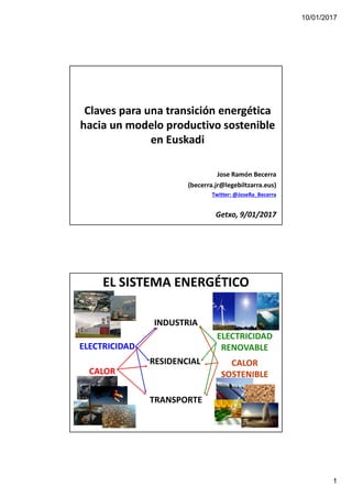 10/01/2017
1
Claves para una transición energética
hacia un modelo productivo sostenible
en Euskadi
Jose Ramón Becerra
(becerra.jr@legebiltzarra.eus)
Twitter: @JoseRa_Becerra
Getxo, 9/01/2017
EL SISTEMA ENERGÉTICO
INDUSTRIA
RESIDENCIAL
TRANSPORTE
ELECTRICIDAD
ELECTRICIDAD
RENOVABLE
CALOR
SOSTENIBLECALOR
 
