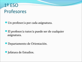 1º ESO
Profesores

Un profesor/a por cada asignatura.


El profesor/a tutor/a puede ser de cualquier
 asignatura.

Departamento de Orientación.


Jefatura de Estudios.
 