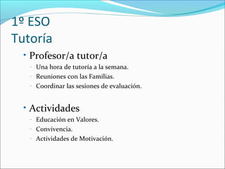 1º ESO
Tutoría
  • Profesor/a tutor/a
   -   Una hora de tutoría a la semana.
   -   Reuniones con las Familias.
   -   Coordinar las sesiones de evaluación.


  • Actividades
   -   Educación en Valores.
   -   Convivencia.
   -   Actividades de Motivación.
 