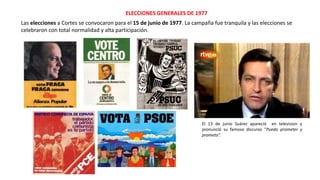 ELECCIONES GENERALES DE 1977
El 13 de junio Suárez apareció en television y
pronunció su famoso discurso “Puedo prometer y
prometo”.
Las elecciones a Cortes se convocaron para el 15 de junio de 1977. La campaña fue tranquila y las elecciones se
celebraron con total normalidad y alta participación.
 