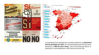La Constitución fue ratificada por el pueblo español en el referéndum
del 6 de diciembre de 1978, con una participación del 67% del censo
electoral y un 88% de votos a favor, pero en las Provincias Vascas, la
abstención, recomendada por el PNV, alcanzó más del 55%.
 
