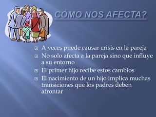 QUE ES?Es el proceso que comienza desde que la pareja se entera que van a tener un bebé.Constituye una  importante transición personal y familiarTanto hombres como mujeres lo tenemos en algún momento de la vida