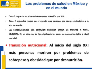 Los problemas de salud en México y
                                 en el mundo

•   Cada 5 seg se da en el mundo una nueva infección por VIH.

•   Cada 2 segundos muere en el mundo una persona por causas atribuibles a la
    aterosclerosis.

•   Las ENFERMEDADES DEL CORAZON PRIMERA CAUSA DE MUERTE A NIVEL
    MUNDIAL. En un año casi se han duplicado los casos de angina inestable a nivel
    mundial.


• Transición nutricional: Al inicio del siglo XXI
    más personas moriran por problemas de
    sobrepeso y obesidad que por desnutrición.
 