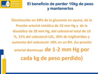 El beneficio de perder 10kg de peso
                    y mantenerlos


Disminución en 50% de la glucemia en ayuno, de la
   Presión arterial sistólica de 10 mm Hg y de la
 diastólica de 20 mm Hg, del colesterol total de 10
  %, 15% del colesterol-LDL, 30% de triglicéridos y
aumento del colesterol- HDL en un 8%. (La presión

              de 1-2 mm Hg por
 arterial disminuye

     cada kg de peso perdido)
 