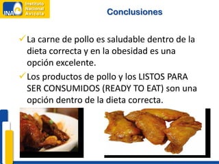 Conclusiones


La carne de pollo es saludable dentro de la
 dieta correcta y en la obesidad es una
 opción excelente.
Los productos de pollo y los LISTOS PARA
 SER CONSUMIDOS (READY TO EAT) son una
 opción dentro de la dieta correcta.
 
