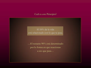 Cuál es este Principio?
El 10% de la vida
está relacionado con lo que te pasa.
…El restante 90% está determinado
por lo forma en que reaccionas
a eso que pasa…
 
