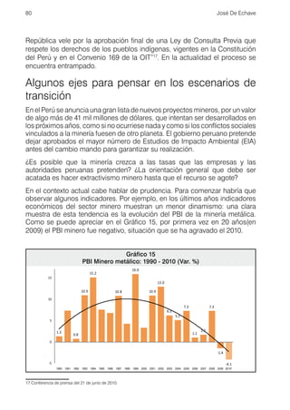 80                                                                                                                                                    José De Echave




República vele por la aprobación final de una Ley de Consulta Previa que
respete los derechos de los pueblos indígenas, vigentes en la Constitución
del Perú y en el Convenio 169 de la OIT”17. En la actualidad el proceso se
encuentra entrampado.

Algunos ejes para pensar en los escenarios de
transición
En el Perú se anuncia una gran lista de nuevos proyectos mineros, por un valor
de algo más de 41 mil millones de dólares, que intentan ser desarrollados en
los próximos años, como si no ocurriese nada y como si los conflictos sociales
vinculados a la minería fuesen de otro planeta. El gobierno peruano pretende
dejar aprobados el mayor número de Estudios de Impacto Ambiental (EIA)
antes del cambio mando para garantizar su realización.
¿Es posible que la minería crezca a las tasas que las empresas y las
autoridades peruanas pretenden? ¿La orientación general que debe ser
acatada es hacer extractivismo minero hasta que el recurso se agote?
En el contexto actual cabe hablar de prudencia. Para comenzar habría que
observar algunos indicadores. Por ejemplo, en los últimos años indicadores
económicos del sector minero muestran un menor dinamismo: una clara
muestra de esta tendencia es la evolución del PBI de la minería metálica.
Como se puede apreciar en el Gráfico 15, por primera vez en 20 años(en
2009) el PBI minero fue negativo, situación que se ha agravado el 2010.


                                                    Gráfico 15
                                      PBI Minero metálico: 1990 - 2010 (Var. %)
                                                                                16.0
                                             15.2
            15
                                                                                                     13.0

                                      10.9                        10.8                        10.9
            10

                                                                                                                          7.3                  7.3
                                                                                                            6.3
                                                                                                                   5.1
             5


                 1.3                                                                                                                    1.7
                               0.8                                                                                               1.1

             0

                                                                                                                                                      -1.4

            -5                                                                                                                                               -4.1
                 1990   1991   1992   1993   1994   1995   1996   1997   1998   1999   2000   2001   2002   2003   2004   2005   2006   2007   2008   2009 2010*




17 Conferencia de prensa del 21 de junio de 2010.	
 