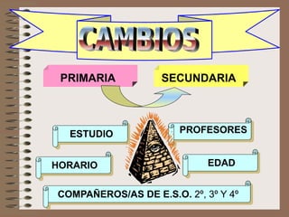 CAMBIOS
PRIMARIA SECUNDARIA
ESTUDIO
COMPAÑEROS/AS DE E.S.O. 2º, 3º Y 4º
HORARIO EDAD
PROFESORES
 