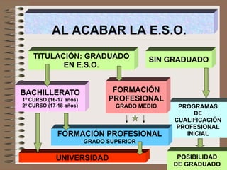 AL ACABAR LA E.S.O.
TITULACIÓN: GRADUADO
EN E.S.O.
PROGRAMAS
DE
CUALIFICACIÓN
PROFESIONAL
INICIAL
BACHILLERATO
1º CURSO (16-17 años)
2º CURSO (17-18 años)
FORMACIÓN
PROFESIONAL
GRADO MEDIO
FORMACIÓN PROFESIONAL
GRADO SUPERIOR
UNIVERSIDAD
SIN GRADUADO
POSIBILIDAD
DE GRADUADO
 