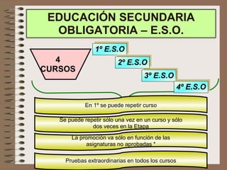4
CURSOS
En 1º se puede repetir curso
Se puede repetir sólo una vez en un curso y sólo
dos veces en la Etapa
La promoción va sólo en función de las
asignaturas no aprobadas *
EDUCACIÓN SECUNDARIA
OBLIGATORIA – E.S.O.
3º E.S.O
4º E.S.O
1º E.S.O
2º E.S.O
Pruebas extraordinarias en todos los cursos
 