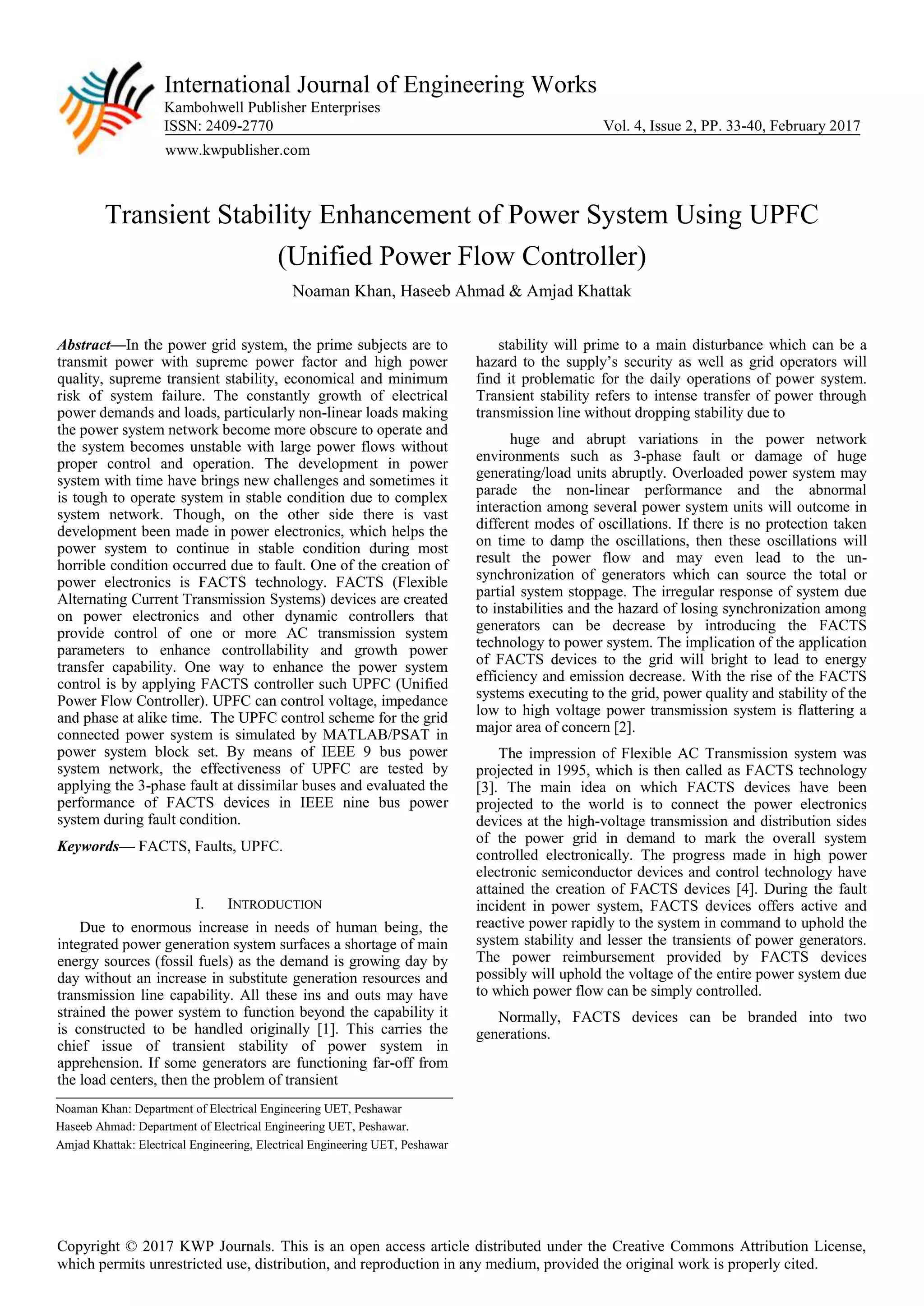 Transient stabilityenhancementofpowersystemusingupfcunified