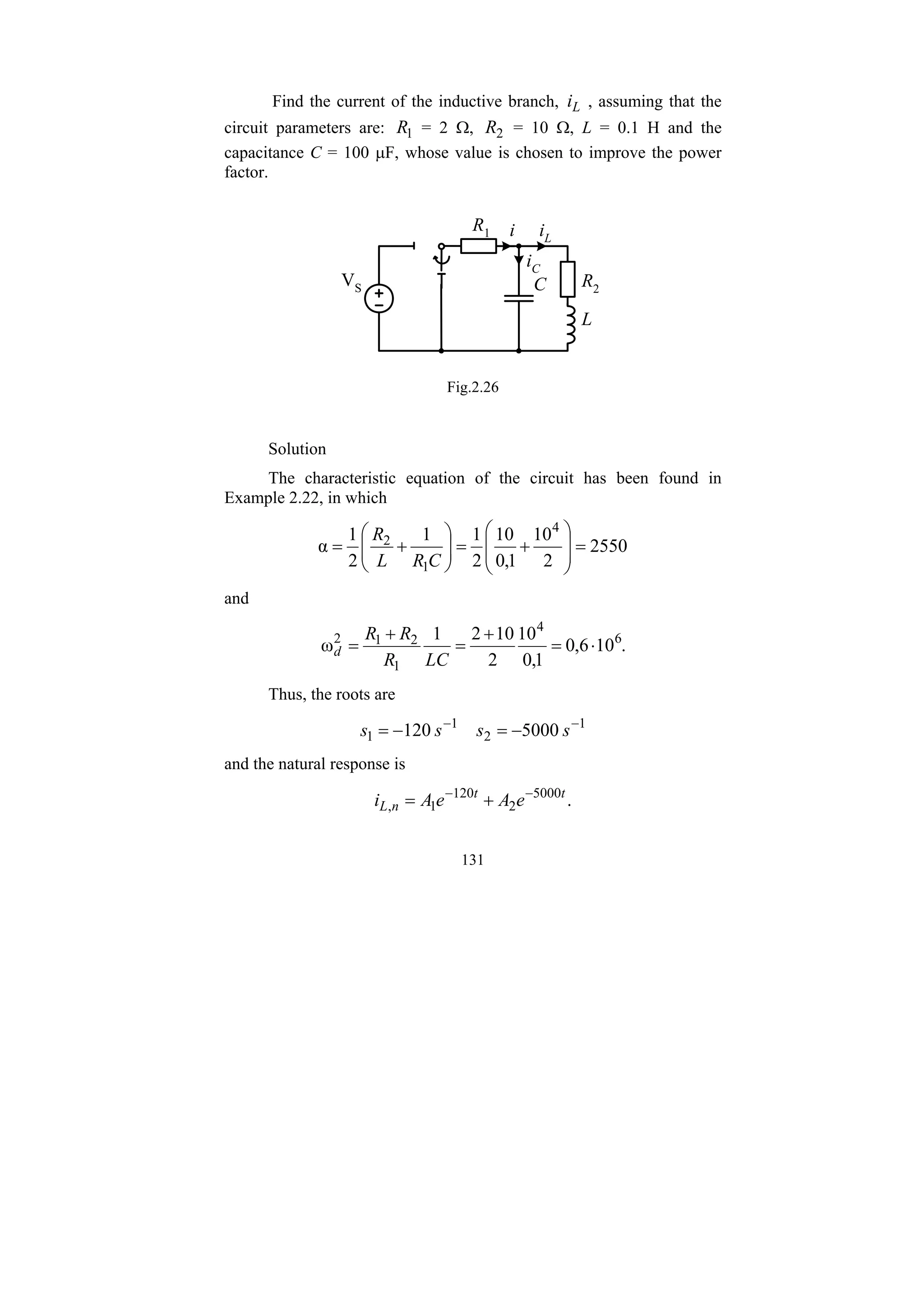 131
Find the current of the inductive branch, L
i , assuming that the
circuit parameters are: 1
R = 2 Ω, 2
R = 10 Ω, L = 0.1 H and the
capacitance C = 100 μF, whose value is chosen to improve the power
factor.
R1
C R2
L
i
iC
iL
VS
Fig.2.26
Solution
The characteristic equation of the circuit has been found in
Example 2.22, in which
2550
2
10
1
,
0
10
2
1
1
2
1
α
4
1
2
=
⎟
⎟
⎠
⎞
⎜
⎜
⎝
⎛
+
=
⎟
⎟
⎠
⎞
⎜
⎜
⎝
⎛
+
=
C
R
L
R
and
.
10
6
,
0
1
,
0
10
2
10
2
1
ω 6
4
1
2
1
2
⋅
=
+
=
+
=
LC
R
R
R
d
Thus, the roots are
1
2
1
1 5000
120 −
−
−
=
−
= s
s
s
s
and the natural response is
.
5000
2
120
1
,
t
t
n
L e
A
e
A
i −
−
+
=
 