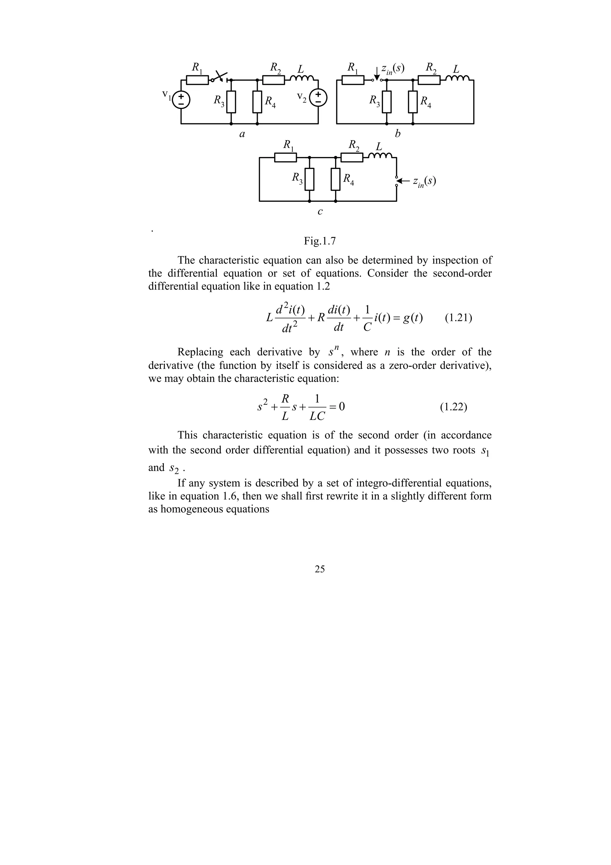 25
.
v1
a
v2
R1
R2
R3 R4
L
b
R1
R2
R3 R4
L
zin(s)
c
R1 R2
R3 R4
L
zin
(s)
Fig.1.7
The characteristic equation can also be determined by inspection of
the differential equation or set of equations. Consider the second-order
differential equation like in equation 1.2
)
(
)
(
1
)
(
)
(
2
2
t
g
t
i
C
dt
t
di
R
dt
t
i
d
L =
+
+ (1.21)
Replacing each derivative by n
s , where n is the order of the
derivative (the function by itself is considered as a zero-order derivative),
we may obtain the characteristic equation:
0
1
2
=
+
+
LC
s
L
R
s (1.22)
This characteristic equation is of the second order (in accordance
with the second order differential equation) and it possesses two roots 1
s
and 2
s .
If any system is described by a set of integro-differential equations,
like in equation 1.6, then we shall first rewrite it in a slightly different form
as homogeneous equations
 
