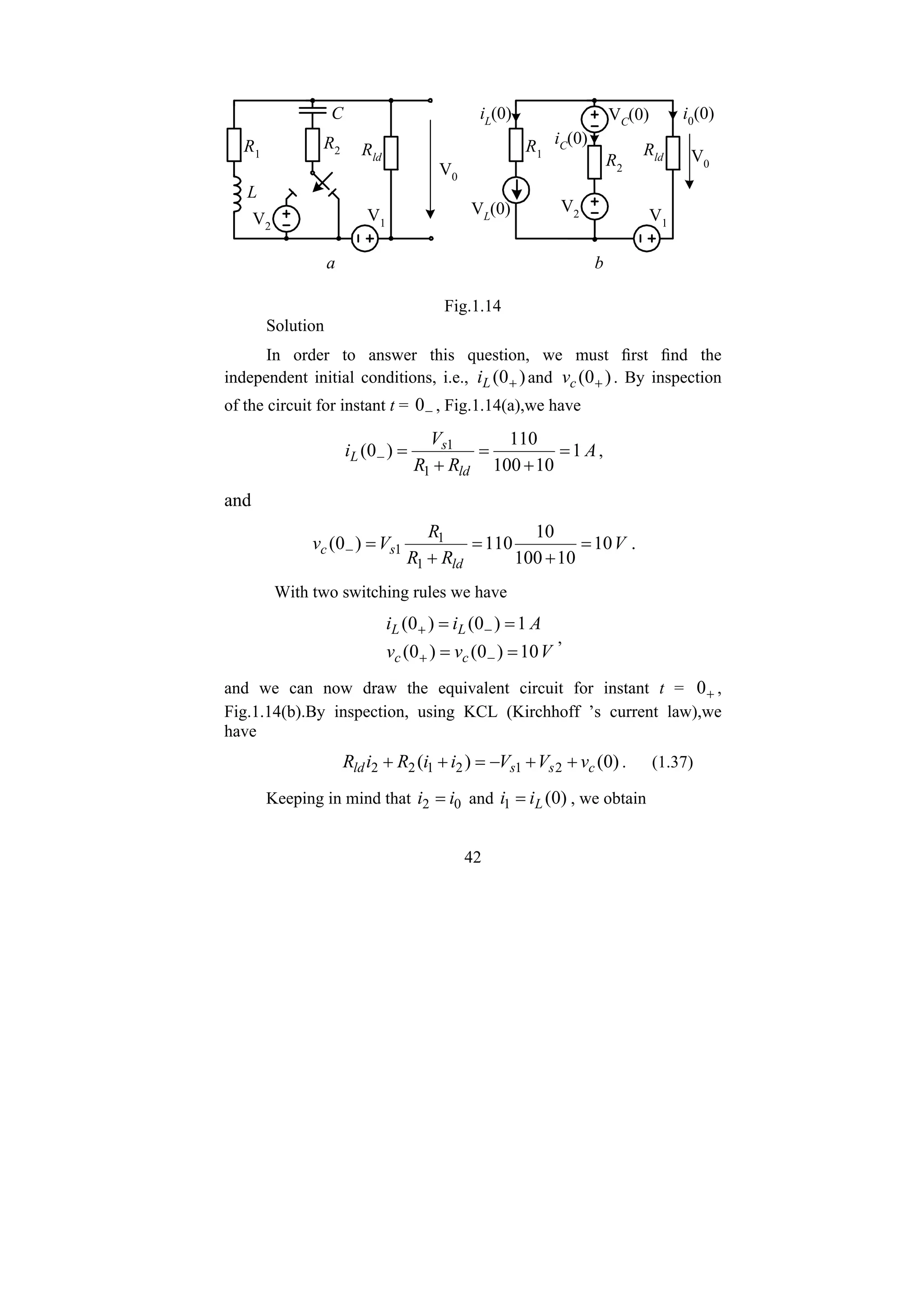 42
R1
R2
L
Rld
C
V2
V1
V0
a
R1
R2
Rld
V2 V1
V0
b
VL
(0)
VC(0)
iC(0)
iL
(0) i0
(0)
Fig.1.14
Solution
In order to answer this question, we must first find the
independent initial conditions, i.e., )
0
( +
L
i and )
0
( +
c
v . By inspection
of the circuit for instant t = −
0 , Fig.1.14(a),we have
A
R
R
V
i
ld
s
L 1
10
100
110
)
0
(
1
1
=
+
=
+
=
− ,
and
V
R
R
R
V
v
ld
s
c 10
10
100
10
110
)
0
(
1
1
1 =
+
=
+
=
− .
With two switching rules we have
V
v
v
A
i
i
c
c
L
L
10
)
0
(
)
0
(
1
)
0
(
)
0
(
=
=
=
=
−
+
−
+
,
and we can now draw the equivalent circuit for instant t = +
0 ,
Fig.1.14(b).By inspection, using KCL (Kirchhoff ’s current law),we
have
)
0
(
)
( 2
1
2
1
2
2 c
s
s
ld v
V
V
i
i
R
i
R +
+
−
=
+
+ . (1.37)
Keeping in mind that 0
2 i
i = and )
0
(
1 L
i
i = , we obtain
 