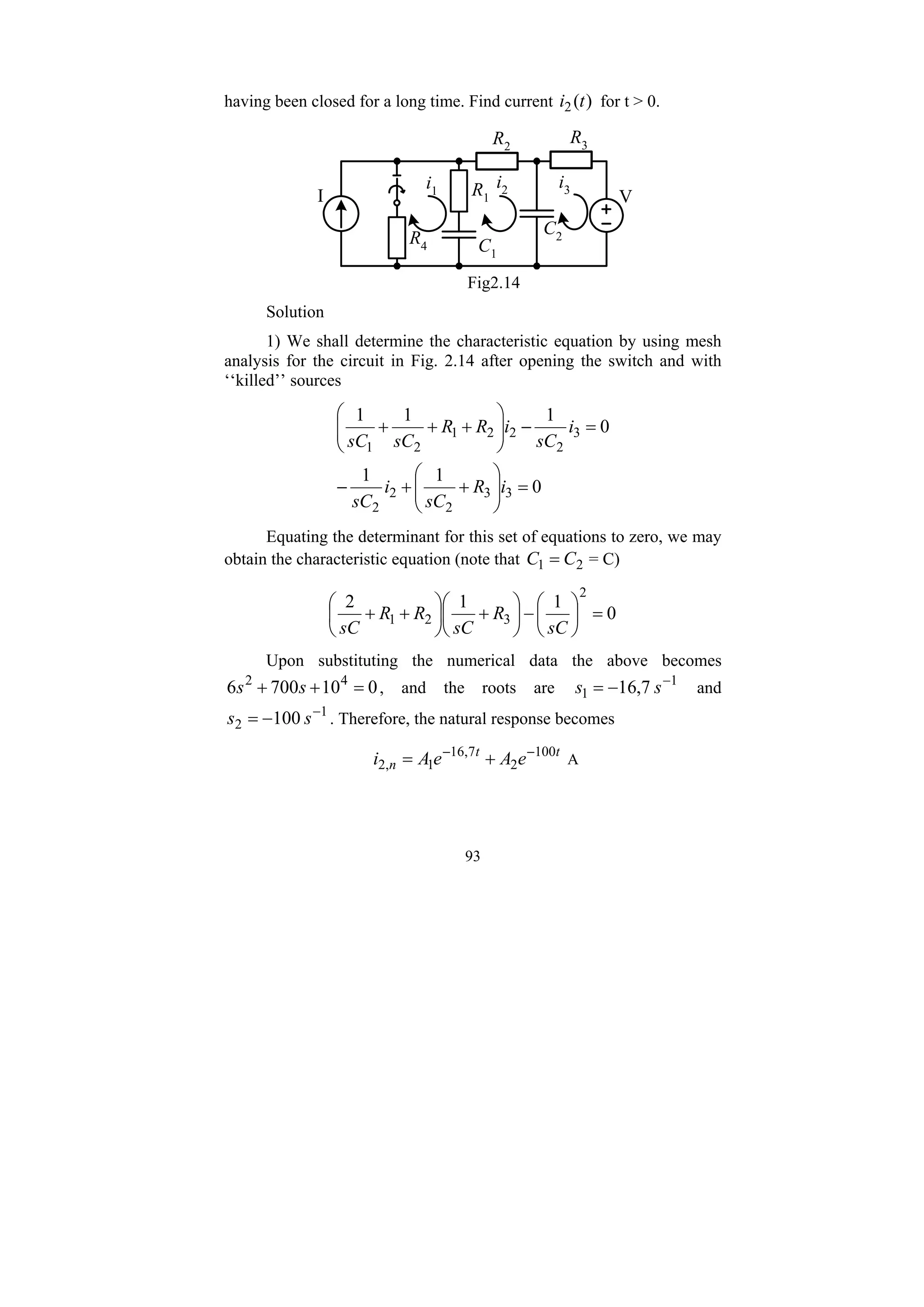 93
having been closed for a long time. Find current )
(
2 t
i for t > 0.
R4
R3
R2
R1
I V
C1
C2
i1
i2 i3
Fig2.14
Solution
1) We shall determine the characteristic equation by using mesh
analysis for the circuit in Fig. 2.14 after opening the switch and with
‘‘killed’’ sources
0
1
1
0
1
1
1
3
3
2
2
2
3
2
2
2
1
2
1
=
⎟
⎟
⎠
⎞
⎜
⎜
⎝
⎛
+
+
−
=
−
⎟
⎟
⎠
⎞
⎜
⎜
⎝
⎛
+
+
+
i
R
sC
i
sC
i
sC
i
R
R
sC
sC
Equating the determinant for this set of equations to zero, we may
obtain the characteristic equation (note that 2
1 C
C = = C)
0
1
1
2
2
3
2
1 =
⎟
⎠
⎞
⎜
⎝
⎛
−
⎟
⎠
⎞
⎜
⎝
⎛
+
⎟
⎠
⎞
⎜
⎝
⎛
+
+
sC
R
sC
R
R
sC
Upon substituting the numerical data the above becomes
0
10
700
6 4
2
=
+
+ s
s , and the roots are 1
1 7
,
16 −
−
= s
s and
1
2 100 −
−
= s
s . Therefore, the natural response becomes
t
t
n e
A
e
A
i 100
2
7
,
16
1
,
2
−
−
+
= A
 