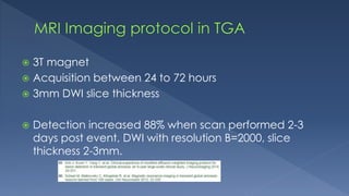  3T magnet
 Acquisition between 24 to 72 hours
 3mm DWI slice thickness
 Detection increased 88% when scan performed 2-3
days post event, DWI with resolution B=2000, slice
thickness 2-3mm.
 