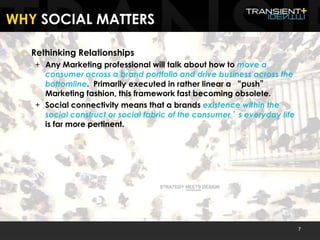 WHY SOCIAL MATTERS
+ Rethinking Relationships
+ Any Marketing professional will talk about how to move a
consumer across a...