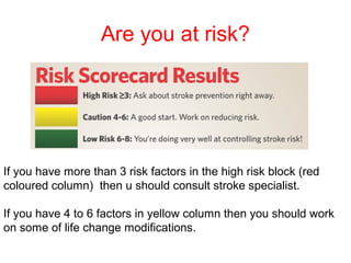 Are you at risk?
If you have more than 3 risk factors in the high risk block (red
coloured column) then u should consult stroke specialist.
If you have 4 to 6 factors in yellow column then you should work
on some of life change modifications.
 