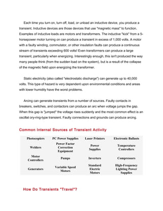 Each time you turn on, turn off, load, or unload an inductive device, you produce a
transient. Inductive devices are those devices that use "magnetic mass" to function.
Examples of inductive loads are motors and transformers. The inductive "kick" from a 5-
horsepower motor turning on can produce a transient in excess of 1,000 volts. A motor
with a faulty winding, commutator, or other insulation faults can produce a continuous
stream of transients exceeding 600 volts! Even transformers can produce a large
transient, particularly when energizing. Interestingly enough, this isn't produced the way
many people think (from the sudden load on the system), but is a result of the collapse
of the magnetic field upon energizing the transformer.
Static electricity (also called "electrostatic discharge") can generate up to 40,000
volts. This type of hazard is very dependent upon environmental conditions and areas
with lower humidity have the worst problems.
Arcing can generate transients from a number of sources. Faulty contacts in
breakers, switches, and contactors can produce an arc when voltage jumps the gap.
When this gap is "jumped" the voltage rises suddenly and the most common effect is an
oscillat ory-ring-type transient. Faulty connections and grounds can produce arcing.
Common Internal Sources of Transient Activity
Photocopiers PC Power Supplies Laser Printers Electronic Ballasts
Welders
Power Factor
Correction
Equipment
Power
Supplies
Temperature
Controllers
Motor
Controllers
Pumps Inverters Compressors
Generators
Variable Speed
Motors
Standard
Electric
Motors
High-Frequency
Lighting Power
Supplies
How Do Transients "Travel"?
 