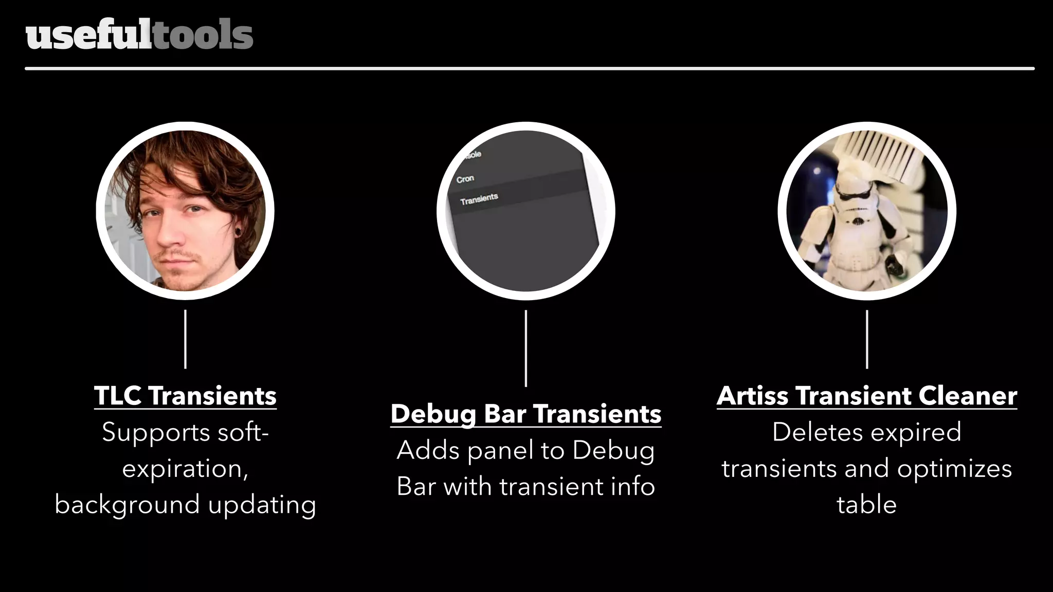 usefultools

TLC Transients
Supports softexpiration,
background updating

Debug Bar Transients
Adds panel to Debug
Bar with transient info

Artiss Transient Cleaner
Deletes expired
transients and optimizes
table

 