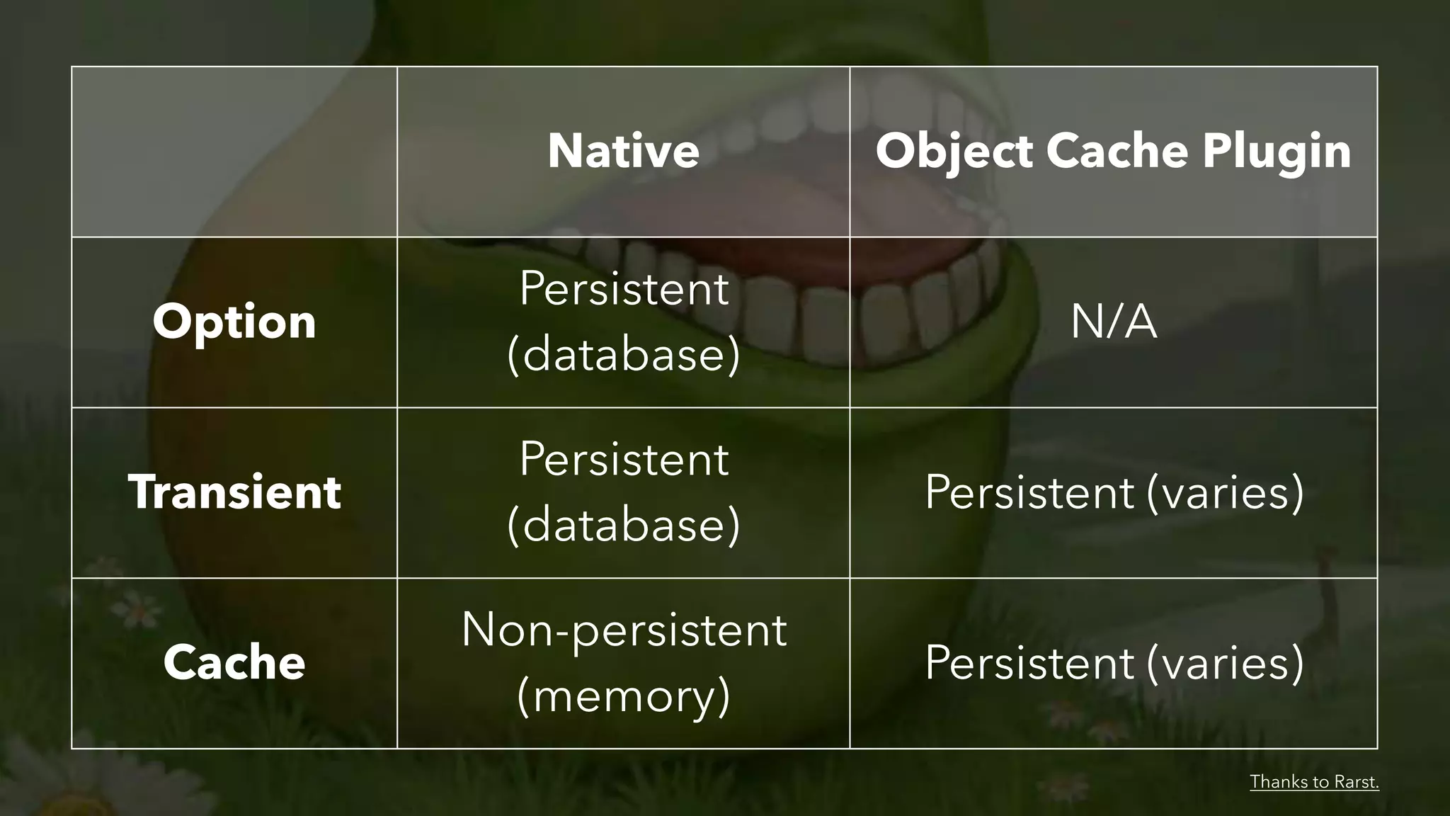 Native

Object Cache Plugin

Option

Persistent
(database)

N/A

Transient

Persistent
(database)

Persistent (varies)

Cache

Non-persistent
(memory)

Persistent (varies)
Thanks to Rarst.

 
