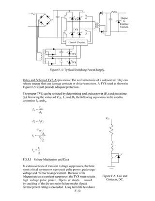 F-10 
O
Figure F-4: Typical Switching PowerSupply.
Relay and Solenoid TVS Applications: The coil inductance of a solenoid or relay can
release energy that can damage contacts or drive-transistors. A TVS used as shownin
Figure F-5 would provide adequateprotection.
The proper TVS can be selected by determining peak pulse power (Pp) and pulsetime
(tp). Knowing the values of VCC, L, and, RL the following equations can be used to
determine Pp and tp.
I 
VCC
RL
PP  IPVC
VCC
t1 



t 
t1
P
2
F.3.3.5 Failure Mechanism and Data
In extensive tests of transient voltage suppressors, thethree
most critical parameters were peak pulse power, peaksurge
voltage and reverse leakage current. Because of its
inherent use as a transient suppressor, the TVS must sustain
high voltage pulse power. Opens or shorts caused
by cracking of the die are main-failure modes if peak
reverse power rating is exceeded. Long term life tests have
Figure F-5: Coil and
Contacts, DC.
TVS
TVS
Output
to
External
Circuits
Control Circuits
TVS
TVS
VCC
RL
VC
L
 