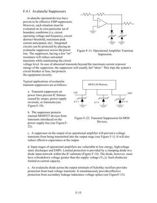 F-15 
F.4.1 Avalanche Suppressors
Avalanche operated devices have
proven to be effective EMPsuppressors.
However, each situation must be
evaluated on its own particular set of
boundary conditions (i.e, circuit
operating voltage and frequency, circuit
destruct threshold, maximum peak
current anticipated, etc). Integrated
circuits can be protected by placing an
avalanche suppressor across the power
line. The suppressor, having a low "on"
resistance will reduce unwanted
transients while maintaining the circuit
Figure F-11: Operational Amplifier Transient
Supression.
voltage level. In case of abnormal transients beyond the maximum current orpower
ratings of the suppressor, the suppressor will usually fail "short." This trips the system’s
circuit breaker or fuse, butprotects
the equipment circuitry.
Typical applications of avalanche
transient suppressors are asfollows:
a. Transient suppressors on
power lines prevent IC failures
caused by surges, power supply
+5V
MOS LSI Memory
-10V
reversals, or transients (see
Figure F-10).
ICT 5 ICT 8 ICT 10
b. The suppressor protects
internal MOSFET devices from
transients introduced on the
power supply line (see Figure F-
22).
Figure F-22: Transient Suppression forMOS
Devices.
c. A suppressor on the output of an operational amplifier will prevent a voltage
transients from being transmitted into the output stage (see Figure F-1). It will also
reduce effective capacitance at the output.
d. Input stages of operational amplifiers are vulnerable to low energy, highvoltage
static discharges and EMPs. Limited protection is provided by a clamping diode or a
diode input network within the IC substrate (Figure F-14). The diode, however, must
have a breakdown voltage greater than the supply voltage (Vcc)). Such diodesare
limited in current capacity.
e. An avalanche diode across the output terminals of Schottky rectifiers provides
protection from load voltage transients. It simultaneously provideseffective
protection from secondary leakage inductance voltage spikes (see FigureF-13).
+
_
 
