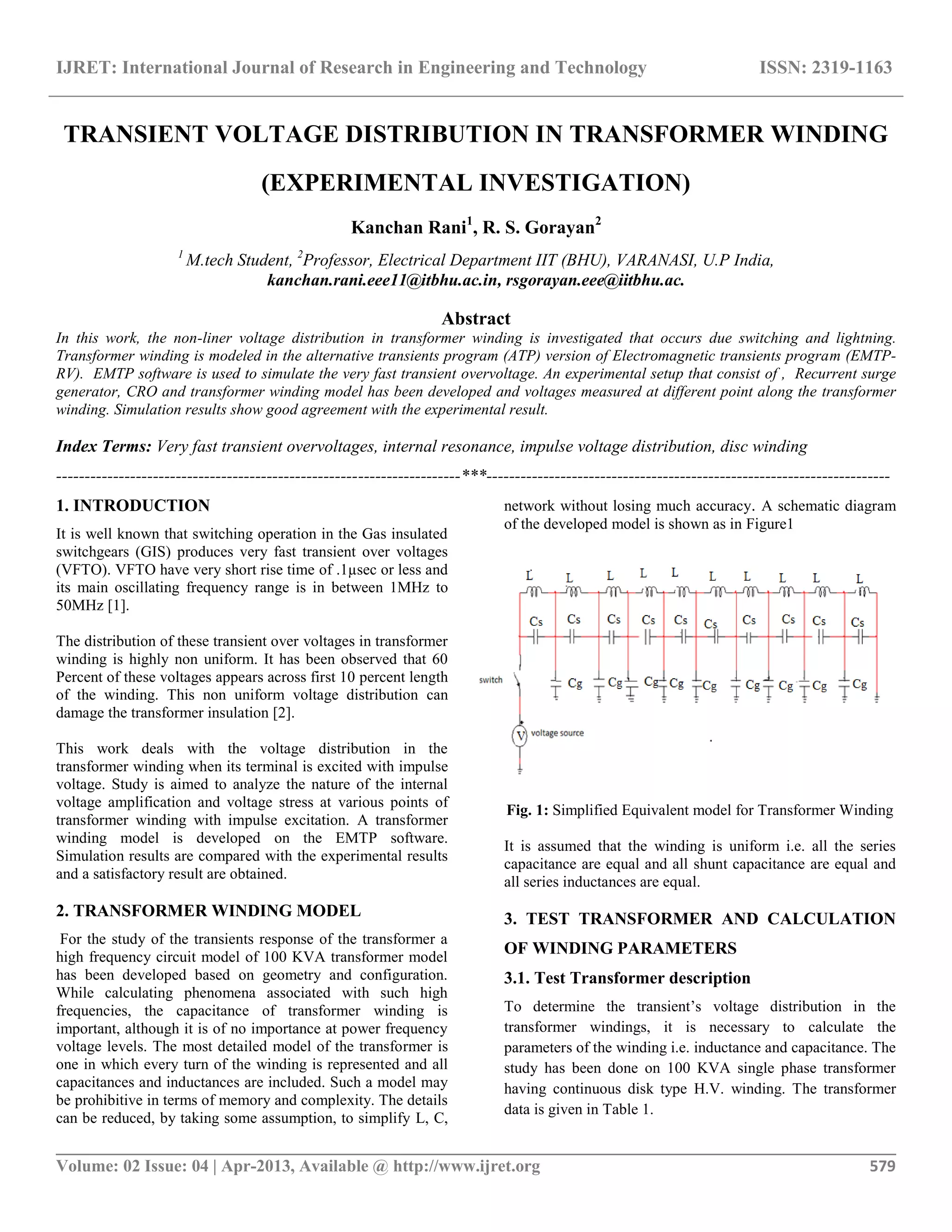 Transformer Switching Program Example Transient voltage distribution in transformer winding (experimental ...