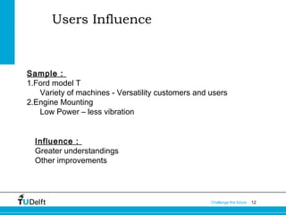 Users Influence

Sample :
1.Ford model T
Variety of machines - Versatility customers and users
2.Engine Mounting
Low Power – less vibration
Influence :
Greater understandings
Other improvements

Challenge the future

12

 