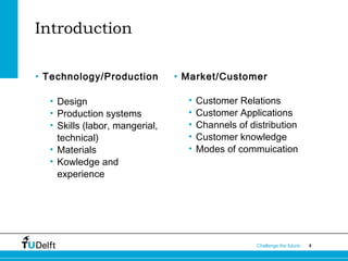 Introduction
• Technology/Production
• Design
• Production systems
• Skills (labor, mangerial,
technical)
• Materials
• Kowledge and
experience

• Market/Customer
•
•
•
•
•

Customer Relations
Customer Applications
Channels of distribution
Customer knowledge
Modes of commuication

Challenge the future

4

 