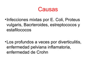 Causas
•Infecciones mixtas por E. Coli, Proteus
vulgaris, Bacrteroides, estreptococos y
estafilococos
•Los profundos a veces por diverticulitis,
enfermedad pelviana inflamatoria,
enfermedad de Crohn
 