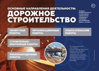 www.трансинжстрой.рф
Успешно,
профессионально
и качественно
строим мосты,
надземные и
подземные
автомобильные
дороги, тоннели
АО «Трансинжстрой»
участвовало
в реконструкции аэропорта
Шереметьево. Впервые
в мировой практике
строительство тоннелей
проводилось под взлетно-
посадочными полосами,
в условиях действующего
аэропорта
ОСНОВНЫЕ НАПРАВЛЕНИЯ ДЕЯТЕЛЬНОСТИ:
ДОРОЖНОЕ
СТРОИТЕЛЬСТВО
ПРОЕКТНЫЕ
РАБОТЫ
СТРОИТЕЛЬНО-
МОНТАЖНЫЕ РАБОТЫ
ИЗЫСКАТЕЛЬСКИЕ
РАБОТЫ
ПУСКОНАЛАДОЧНЫЕ
РАБОТЫ
ОРГАНИЗАЦИОННЫЕ
РАБОТЫ
11
 