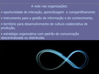 Organizações em transformaçãoCertezaIncertezaPrediçãoInteraçãoDecisor únicoMúltiplos atoresDireção, controleCoordenação, compartilhamentoVertical, estávelEm rede,sistema  aberto e dinâmicoProdutividade individualCompetitividade coletivaProduto transformadoConhecimentoOntemHojeContextoEstratégiaModo de decisãoModo de gerenciamentoModelo de organização Método de avaliaçãoMutação do valor