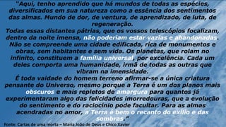“Aqui, tenho aprendido que há mundos de todas as espécies,
diversificados em sua natureza como a essência dos sentimentos
das almas. Mundo de dor, de ventura, de aprendizado, de luta, de
regeneração.
Todas essas distantes pátrias, que os vossos telescópios focalizam,
dentro da noite imensa, não poderiam estar vazias e abandonadas.
Não se compreende uma cidade edificada, rica de monumentos e
obras, sem habitantes e sem vida. Os planetas, que rolam no
infinito, constituem a família universal, por excelência. Cada um
deles comporta uma humanidade, irmã de todas as outras que
vibram na imensidade.
É toda vaidade do homem terreno afirmar-se a única criatura
pensante do Universo, mesmo porque a Terra é um dos planos mais
obscuros e mais repletos de amargura para quantos já
experimentaram algo das felicidades imorredouras, que a evolução
do sentimento e do raciocínio pode facultar. Para as almas
acendradas no amor, a Terra é bem o recanto do exílio e das
sombras.”
Fonte: Cartas de uma morta – Maria João de Deus e Chico Xavier
 