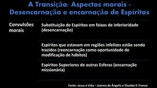 Fonte: Jesus e Vida – Joanna de Ângelis e Divaldo P. Franco
A Transição: Aspectos morais -
Desencarnação e encarnação de Espíritos
Convulsões
morais
Substituição de Espíritos em faixas de inferioridade
(desencarnação)
Espíritos que estavam em regiões infelizes estão sendo
trazidos (reencarnação como oportunidade de
modificação de hábitos)
Espíritos Superiores de outras Esferas (encarnação
missionária)
 