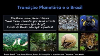 Transição Planetária e o Brasil
Fonte: Brasil, Coração do Mundo, Pátria do Evangelho – Humberto de Campos e Chico Xavier
República: maioridade coletiva
Curas foram revividas por Jesus através
dos médiuns (p.e. Arigó)
Missão do Brasil: educação espiritual
 