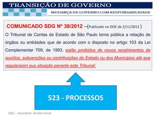 COMUNICADO SDG Nº 38/2012 –(Publicado no DOE de 2/11/2012 )
O Tribunal de Contas do Estado de São Paulo torna pública a relação de
órgãos ou entidades que de acordo com o disposto no artigo 103 da Lei
Complementar 709, de 1993, estão proibidos de novos recebimentos de
auxílios, subvenções ou contribuições do Estado ou dos Municípios até que
regularizem sua situação perante este Tribunal:




                            523 - PROCESSOS
 SDG – Secretaria Diretor Geral
 